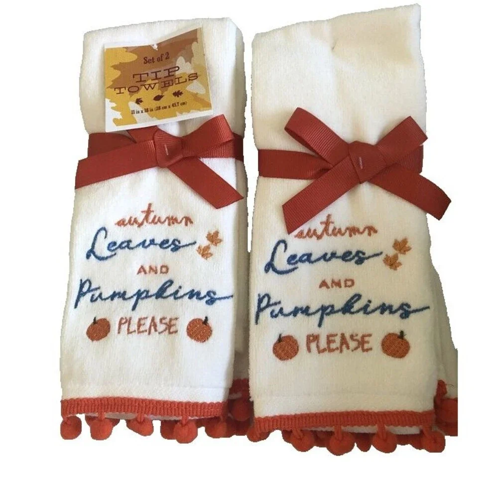 Autumn Leaves Pumpkins Fingertip Towels Embroidered Bathroom Pom Pom Set of 2